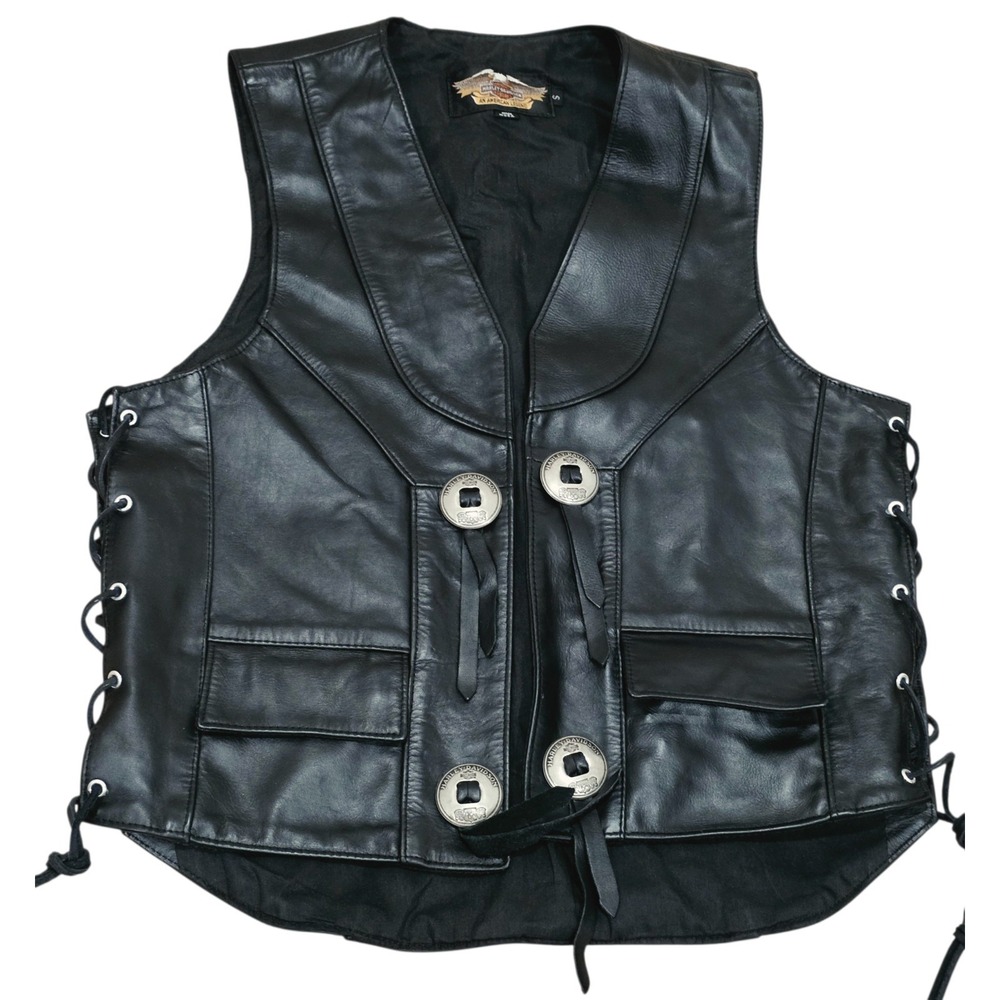 Vintage Harley Davidson Leather Vest Men's Small Black Side Lace Made USA Biker